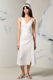 Ivory V-Neck Ruched Weding Guest Dress with Slit