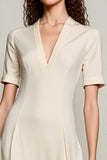 Ivory A Line V-Neck Midi Wedding Guest Dress with Sleeves