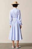 Blue A Line Striped Midi Wedding Guest Dress