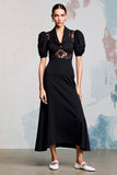 Cowl Neck A Line Black Long Wedding Guest Dress With Lace