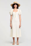 A Line Puff Sleeve Midi Ivory Wedding Guest Dress