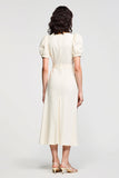 A Line Puff Sleeve Midi Ivory Wedding Guest Dress