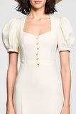 A Line Puff Sleeve Midi Ivory Wedding Guest Dress