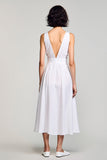 A Line V Neck Midi White Wedding Guest Dress