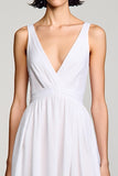 A Line V Neck Midi White Wedding Guest Dress