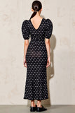 Black Polka Dot Puff Sleeve Long Wedding Guest Dress With Belt