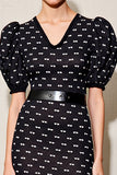 Black Polka Dot Puff Sleeve Long Wedding Guest Dress With Belt