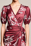 Red Sheath V Neck Printed Wedding Guest Dress With Slit