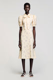 A Line High Neck Apricot Printed Wedding Guest Dress With Bow