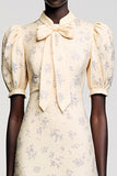 A Line High Neck Apricot Printed Wedding Guest Dress With Bow