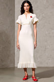 Sheath Ruffled Ivory Midi Wedding Guest Dress