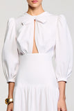 A Line White Midi Wedding Guest Dress With Bow