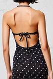 Black A Line Polka Dot Spaghetti Straps Wedding Guest Dress