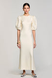 Puff Sleeve Keyhole Long Ivory Wedding Guest Dress