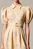 Lapel Apricot Printed Puff Sleeve Wedding Guest Dress With Belt