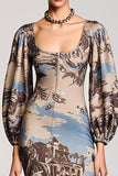 Long Sleeve Printed Square Neck Coffee Wedding Guest Dress
