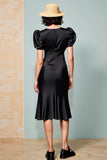 Black Puff Sleeve A Line Midi Wedding Guest Dress