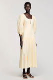 Apricot Square Neck Satin Midi Wedding Guest Dress with Sleeves