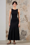 Simple Black Round Neck Satin Long Wedding Guest Dress
