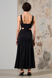 Simple Black Round Neck Satin Long Wedding Guest Dress