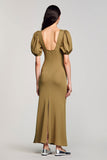 Olive Keyhole Square Neck Long Wedding Guest Dress with Puff Sleeves