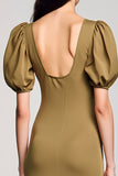 Olive Keyhole Square Neck Long Wedding Guest Dress with Puff Sleeves