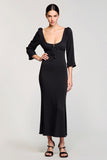 Black Satin Square Neck Long Wedding Guest Dress with 3/4 Sleeves