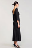 Black Satin Square Neck Long Wedding Guest Dress with 3/4 Sleeves