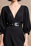 Black V-Neck A Line Midi Wedding Guest Dress with Half Sleeves