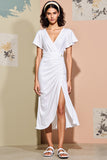 White Ruched V-Neck Midi Summer Dress with Slit