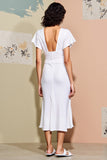 White Ruched V-Neck Midi Summer Dress with Slit