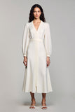 Ivory Satin A Line V-Neck Midi Wedding Guest Dress with Long Sleeves