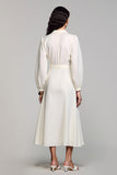 Ivory Satin A Line V-Neck Midi Wedding Guest Dress with Long Sleeves