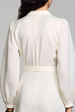 Ivory Satin A Line V-Neck Midi Wedding Guest Dress with Long Sleeves