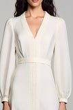 Ivory Satin A Line V-Neck Midi Wedding Guest Dress with Long Sleeves
