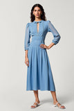 Blue A Line Keyhole Midi Bow Wedding Guest Dress with 3/4 Sleeves
