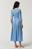 Blue A Line Keyhole Midi Bow Wedding Guest Dress with 3/4 Sleeves