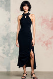 Black Halter Satin Backless Midi Wedding Guest Dress with Slit