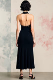 Black Halter Satin Backless Midi Wedding Guest Dress with Slit