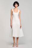 Simple White A Line Square Neck Midi Graduation Dress