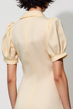 Ivory Shawl Lapel Midi Pocket Work Dress with Puff Sleeves