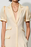 Ivory Shawl Lapel Midi Pocket Work Dress with Puff Sleeves