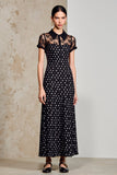 Black Sheath Long Polka Dot Dress with Short Sleeves