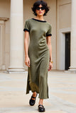Olive Boat Neck Long Wedding Guest Dress with Short Sleeves