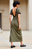 Olive Boat Neck Long Wedding Guest Dress with Short Sleeves