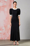 Black Round Neck Sheath Long Wedding Guest Dress with Short Sleeves