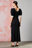 Black Round Neck Sheath Long Wedding Guest Dress with Short Sleeves