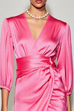 Pink V-Neck Satin Midi Summer Dress with Half Sleeves