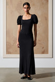 Black Square Neck Sheath Long Wedding Guest Dress with Puff Sleeves