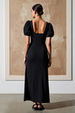 Black Square Neck Sheath Long Wedding Guest Dress with Puff Sleeves